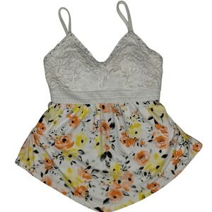 No Boundaries Floral Cami Babydoll Top Lace Trim Sleeveles Casual White Yellow S